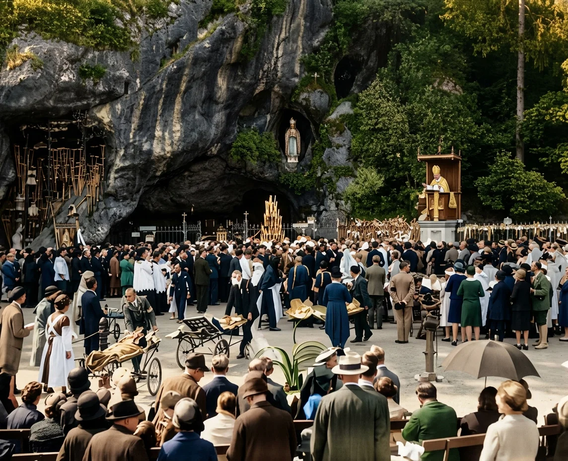 The world-famous shrine in the grotto of Our Lady of Lourdes, at Lourdes, France, where miraculous cures are reported every day. The Bishop of Salford is in the pulpit, addressing a party of pilgrims from Salford, England, who are seeking release from their earthly afflictions. Note the hundreds of crutches, body appliances, and other testimonials that have been left by pilgrims who have been “cured.”