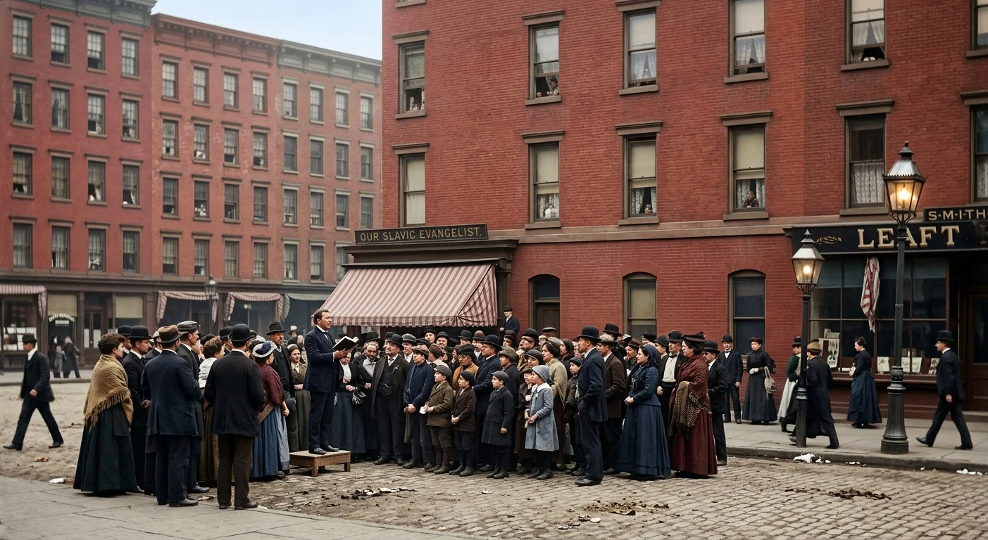OUR SLAVIC EVANGELIST HOLDING A STREET MEETING AMONG THE SLAVIC-BOHEMIANS IN NEW YORK CITY