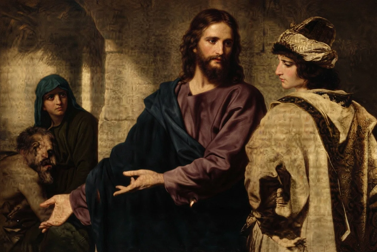 Jesus and the rich young man, one of Hofmann's masterpieces. Note the earnest, searching look in the face of the Master, the doubt and hesitation on the part of the young man. See the earnest, longing woman who is hoping for relief for her sick husband. There is a mighty sermon in the picture. Is the Master speaking to you?