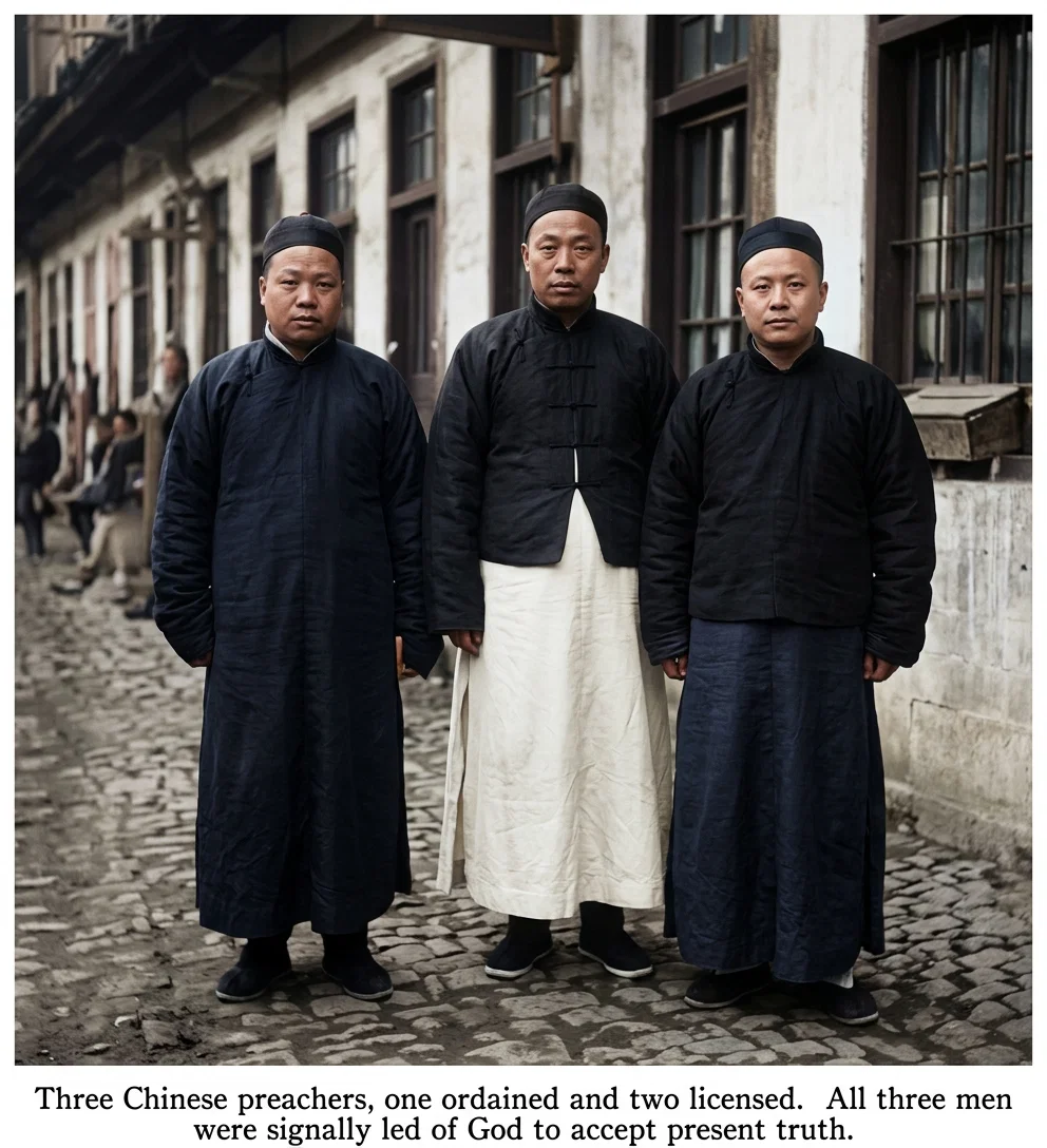 Three Chinese preachers, one ordained and two licensed. All three men were signally led of God to accept present truth.