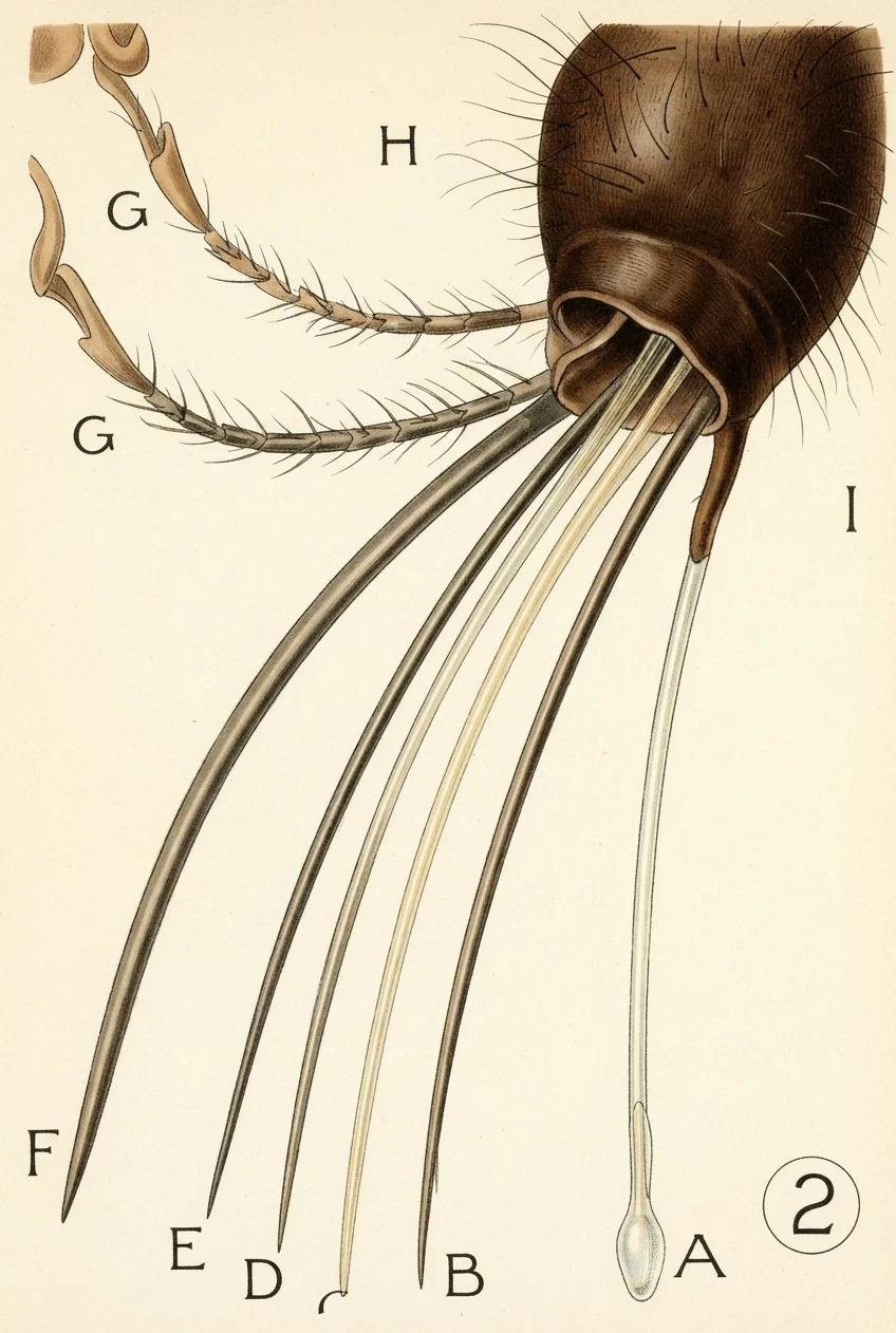 The weapon of the mosquito separated into its parts. The part of the bill with the bulb at the end contains the irritating poison.