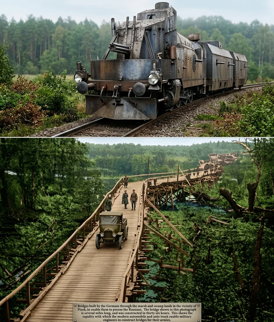 Upper — An Austrian locomotive armored and equipped with rapid-fire guns. Lower — Bridges built by the Germans through the marsh and swamp lands in the vicinity of Pinsk, to enable them to pursue the Russians. The bridge shown in this photograph is several miles long, and was constructed in thirty-six hours. This shows the rapidity with which the modern automobile and auto truck enable military engineers to construct bridges for their armies.