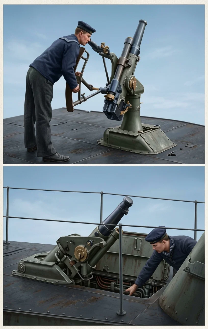 DISAPPEARING KRUPP GUN ON SUBMARINE