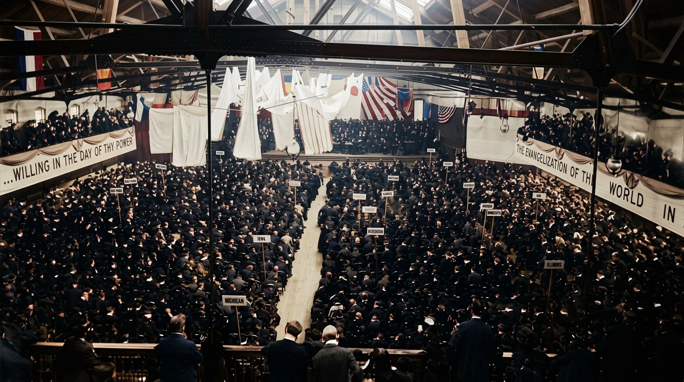 FROM A PHOTOGRAPH OF A DEVOTIONAL SERVICE IN THE GREAT CONVENTION.