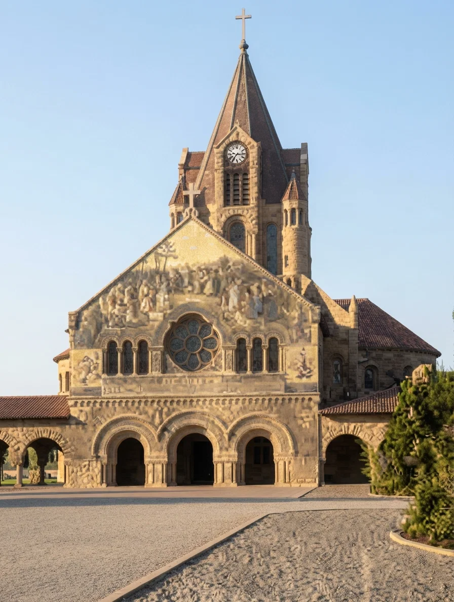 Stanford Memorial Chapel, built in memory of Hon. Leland Stanford by his wife at a cost of $1,000,000 for the building and $600,000 for the decorations, containing many beautiful mosaics.