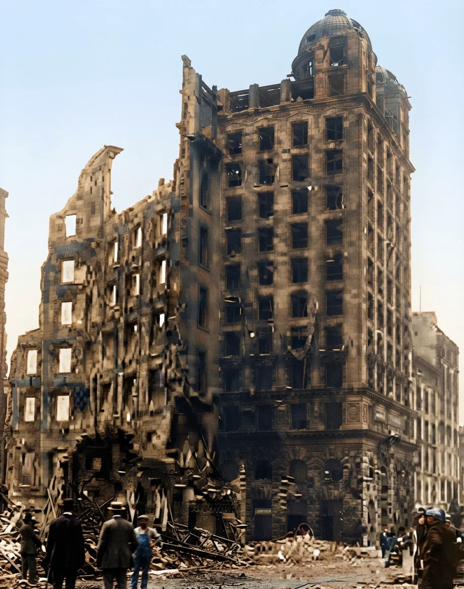 A view in San Francisco. The empty shell of the Call Building after the fire, on the right; the front wall of the Examiner Building on the left.