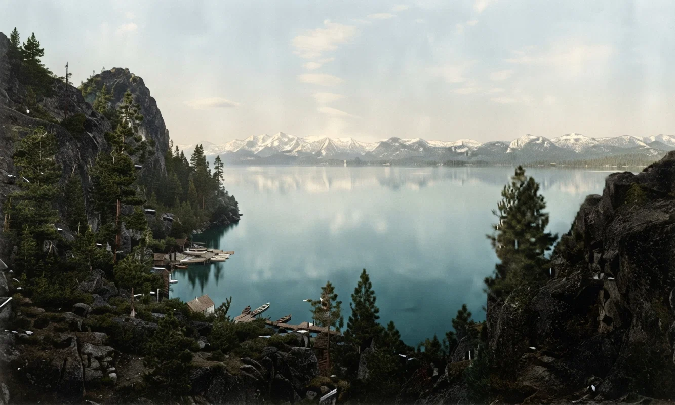 A view of one of the beautiful lakes—Tahoe—of the Sierras, on the border land between California and Nevada, directly west of Carson City, and a little north of east from Sacramento. The above view is north from Emerald Bay. The nearest railway points are on the Southern Pacific, at Lake View, Truckee, or Carson City.