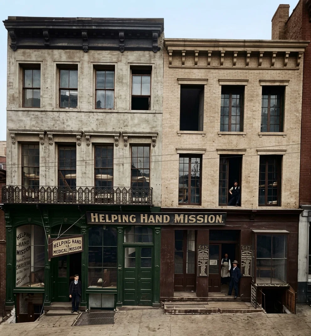 The Mission buildings as they appear at present. The upper stories of both are occupied with sleeping apartments. The basement at the left is used for baths and laundry purposes; at the right, for a shoeshop, over the door of which is the legend, “Second Hand Shoes Bought and Sold”—and sold as well. The first floor at the left is a chapel and reading-room; the first floor at the right is a restaurant, where one can get a good, clean, hearty meal for from three to five cents.