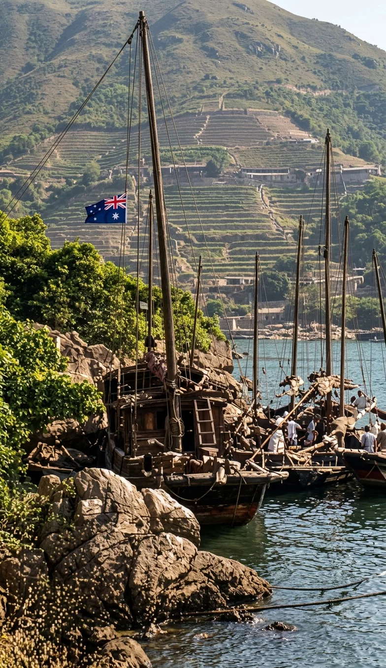 Our boat after the experience at the Tsin Tan rapid. Described in REVIEW, July 23. The Australian flag flying at the mast.