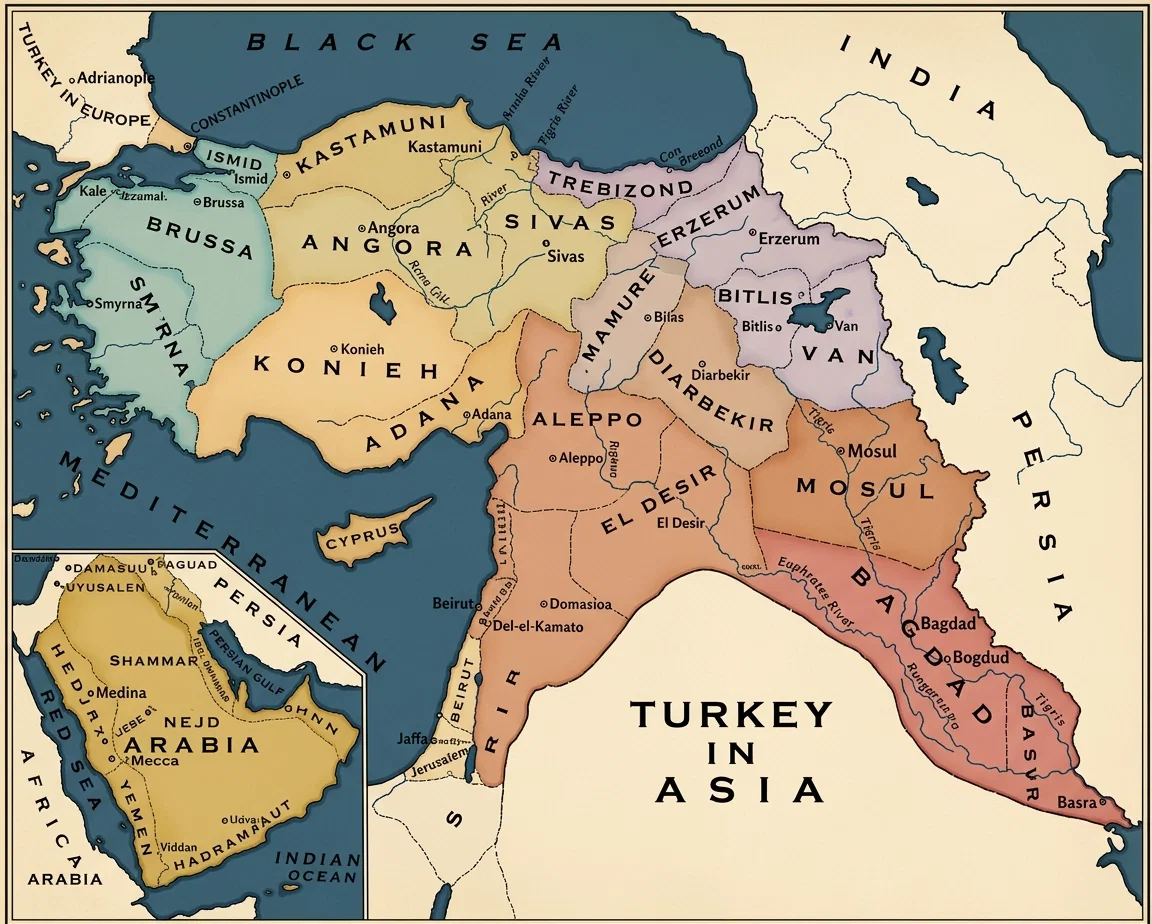 The scale of the large map is 240 miles to the inch; the map of Arabia, in the lower left-hand corner, is 1,000 miles to the inch. We have given only the most important towns, and capitals of the vilayets, or provinces. There are many other towns not given. Arabia, if the map were extended, would occupy the place of the title, and extend southward a thousand miles or more.