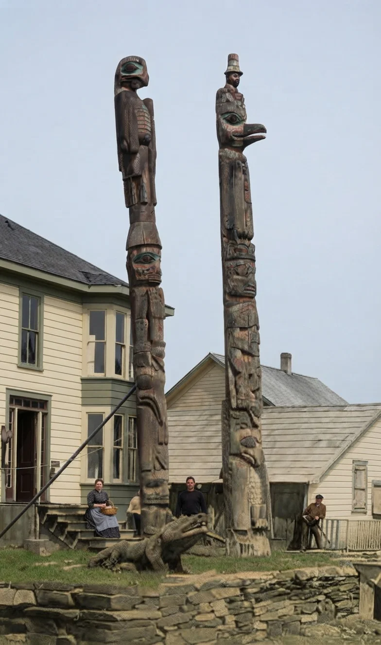 Totem-posts, emblems of nature-worship, usually connected with some animal believed to have kinship with man.