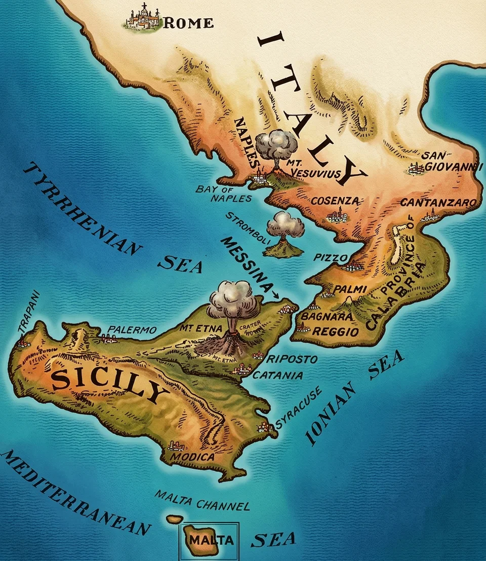 AN OUTLINE MAP OF SOUTHERN ITALY AND OF SICILY