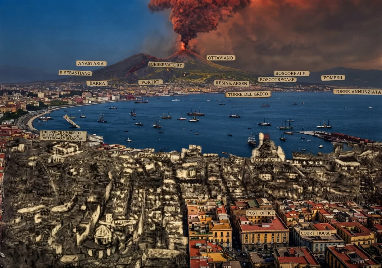 A birdseye view of Vesuvius, with surrounding towns, looking from Naples.