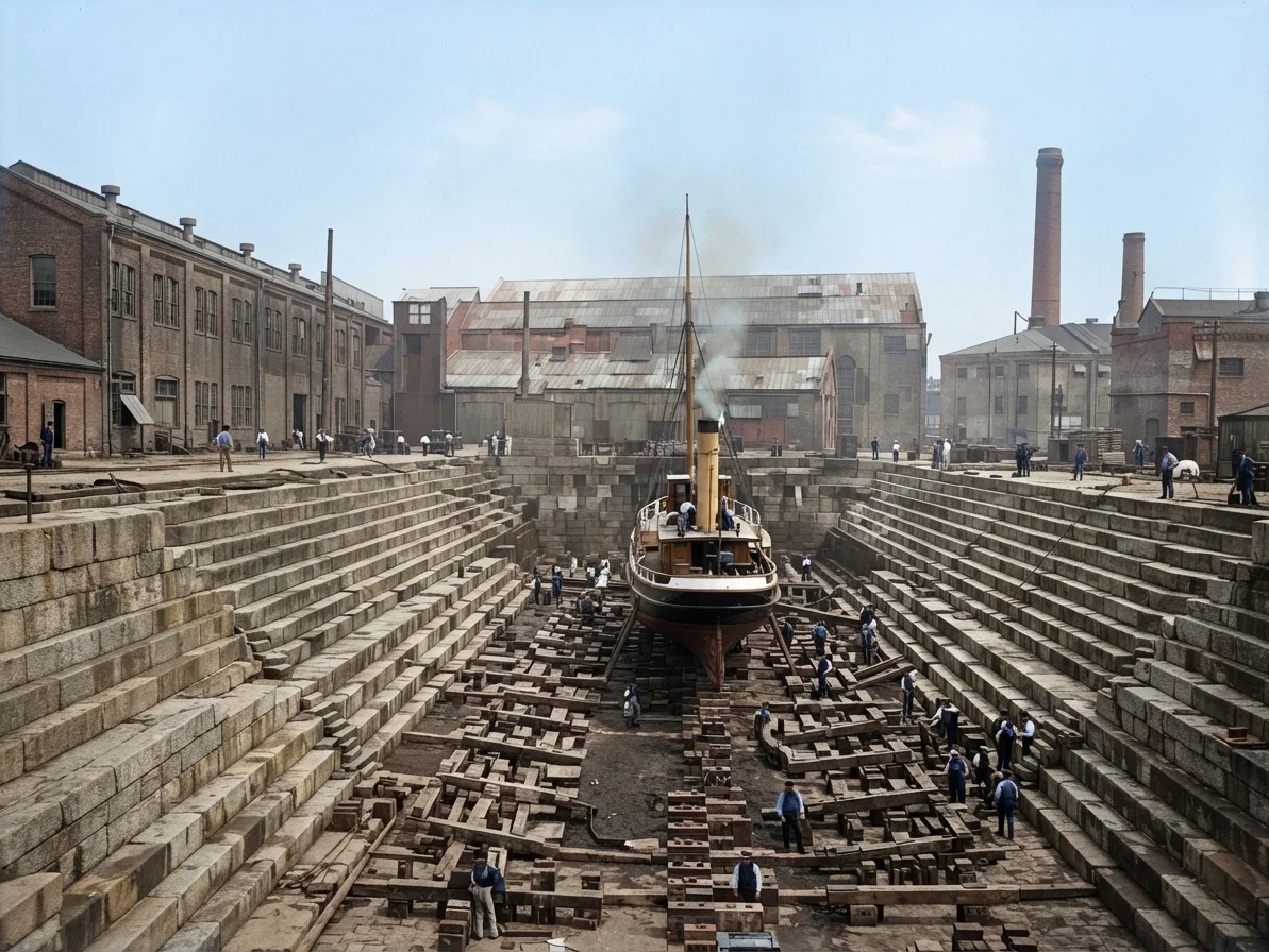 Dry Dock, New York Navy Yard. There are three dry docks at the New York (Brooklyn) Navy Yard. One of wood and two of stone. The largest is 650 feet long, 70 feet wide, has a draft of 29 feet, and cost considerably over $2,000,000. The great steam pumps of this dry dock can completely empty it of water in about four and one-half hours.