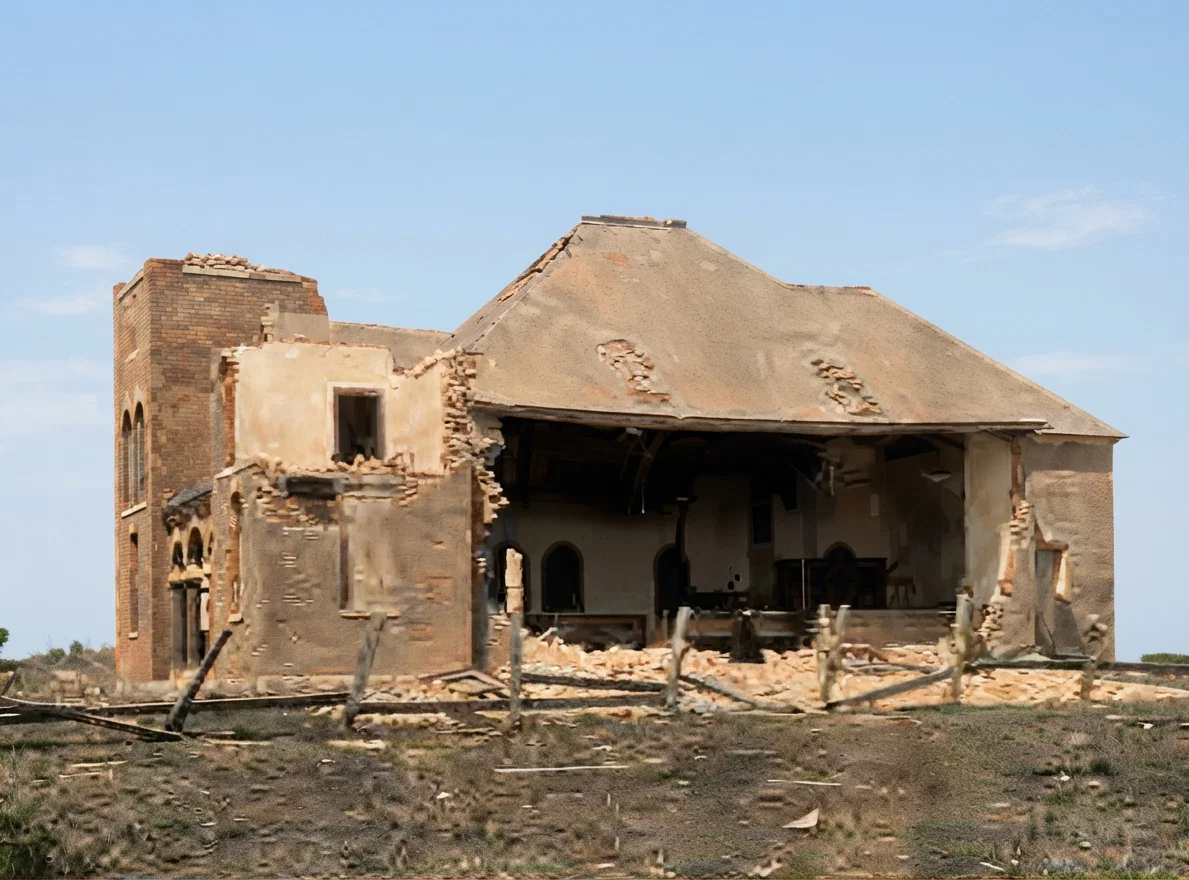Ruin of Catholic Church, Kirksville, Mo., Cyclone. It was over this church that a woman and her daughter declare they were carried by the wind and landed uninjured in a haystack on the other side. The husband and father was dropped out before the church was reached, greatly injured.