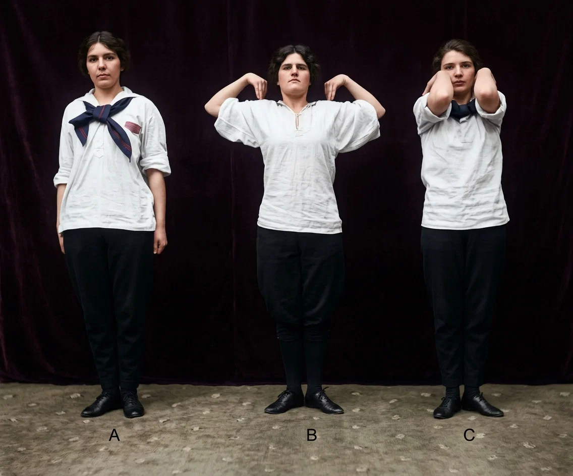 Fig. 5. From position A, place finger-tips on shoulders, elbows front, as in position C, and inhale deeply as shoulders are forced back as in position B. Exhale from position B to C.