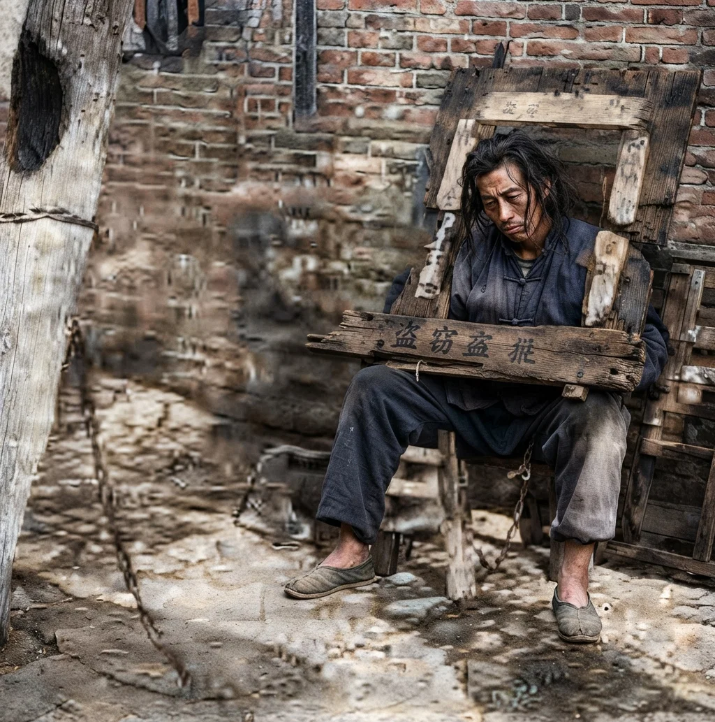 The ordinary Chinese method of punishing the lighter crimes. The "cangue" is worn for days or months, the criminal having to be fed, for he can not reach his head. His crime is described on the board through which his head projects.