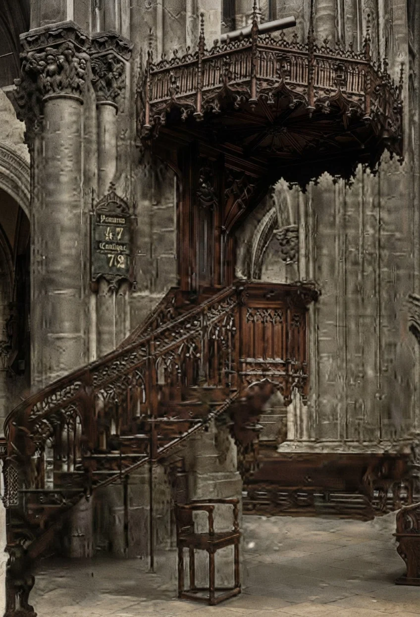 PULPIT OF JOHN CALVIN, WITH HIS PULPIT CHAIR ON THE FLOOR BENEATH