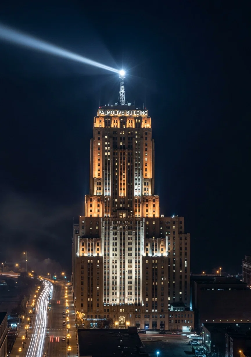 A view of the Palmolive Building in Chicago with the famous Lindbergh Beacon lighted. The beacon was recently dedicated with impressive ceremonies in the presence of many air notables.