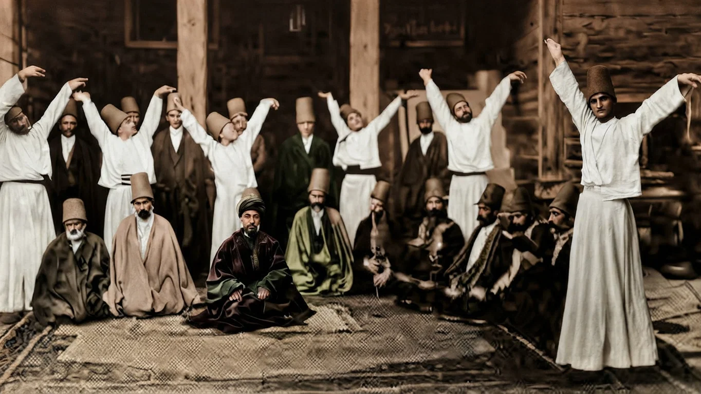 Dervishes at worship. In Mohammedan countries they resemble the monks of Christendom. They have enjoyed the highest respect of Mohammedan princes and Turkish sultans, and do still that of the people. They are to some extent under the supervision of the Sheik-ul-Islam. Their sheik, or leader, sits on the mat, in the center of the picture.