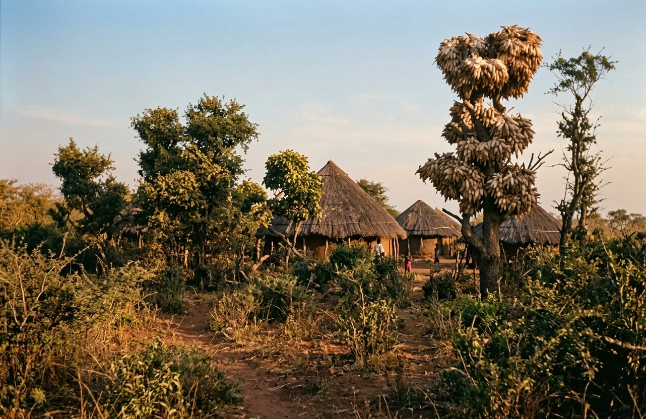 A native kraal, showing method of storing “mealies” (Indian corn). The smaller branches are cut from the trees, the mealies tied together in large clusters, and then suspended from the remaining branches.