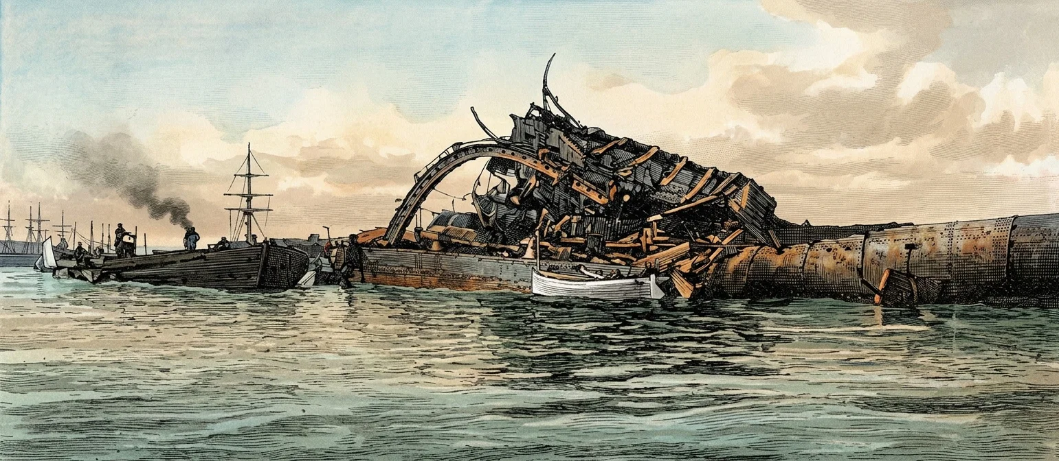 Port Side of the Wreck of the Maine, Showing Superstructure, Deck Ruins, and Overturned Smoke-stack. (Reproduced from the Scientific American.)
