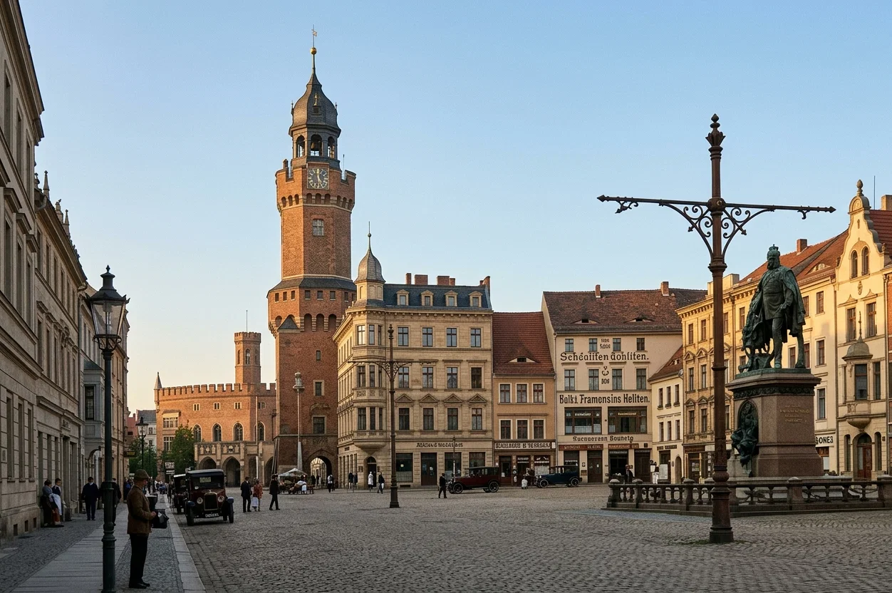 Goerlitz, Germany. Upper market with chief of police building and statue of Emperor William I. In first building to the right, our meetings were held.