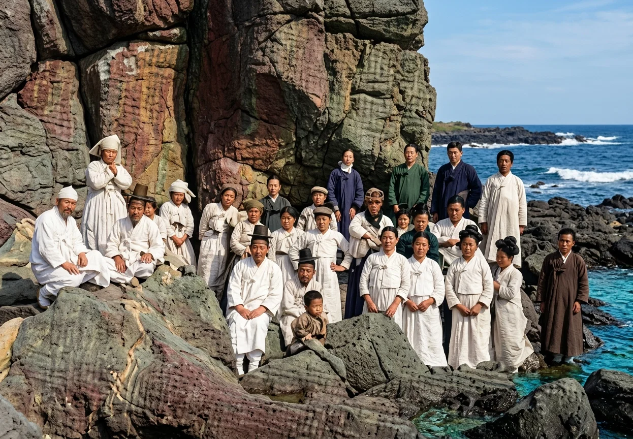 ROCKY CLIFF BY SEASHORE, WITH BAPTISMAL GROUP