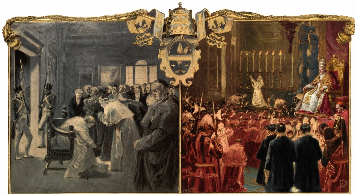 Our twofold picture is a fair representation of the Papacy at two different phases of its history; the one at the left, 1798, when the pope was taken captive, and died in captivity. Little honor was then paid the Papacy by the powers of Europe. The picture at the right represents the Papacy as it is at the present time with the world bowing before it. Soon we shall see fulfilled Rev. 18:7: "I sit a queen, and am no widow, and shall see no sorrow."