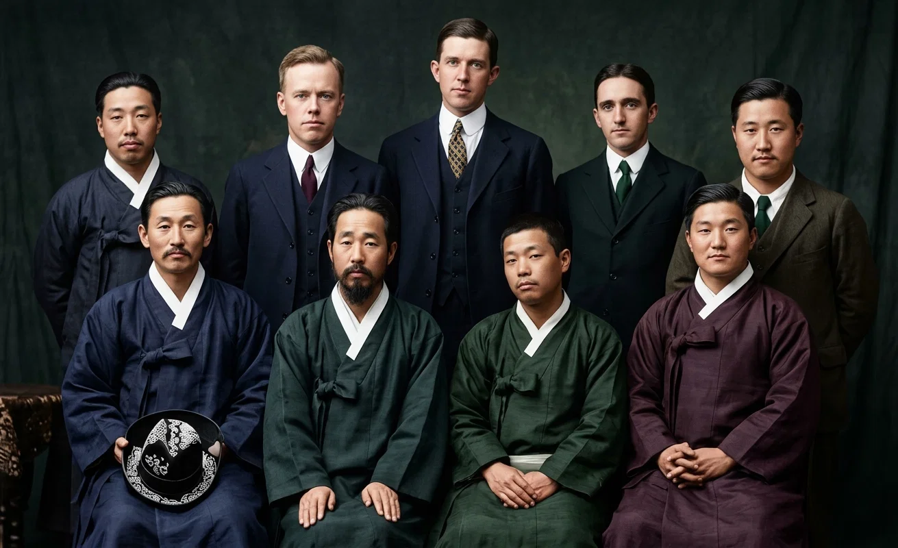 A KOREAN WORKERS GROUP

Back row from left: Kong Ku Myong, C. L. Butterfield (superintendent), H. A. Oberg, R. C. Wangerin, Kim Ku Hyok. Front row: Kim Won, Kim Hyo Sep, Kim Na Chun, Ne Keun Ok.
