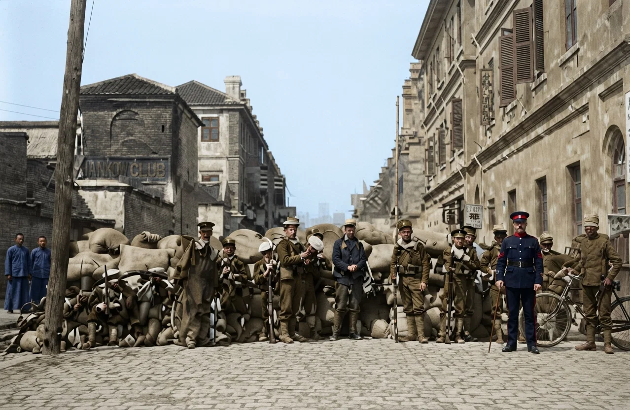 Barricading of British concession at Hankow. Marines guarding the entrance from the native city to the concession.