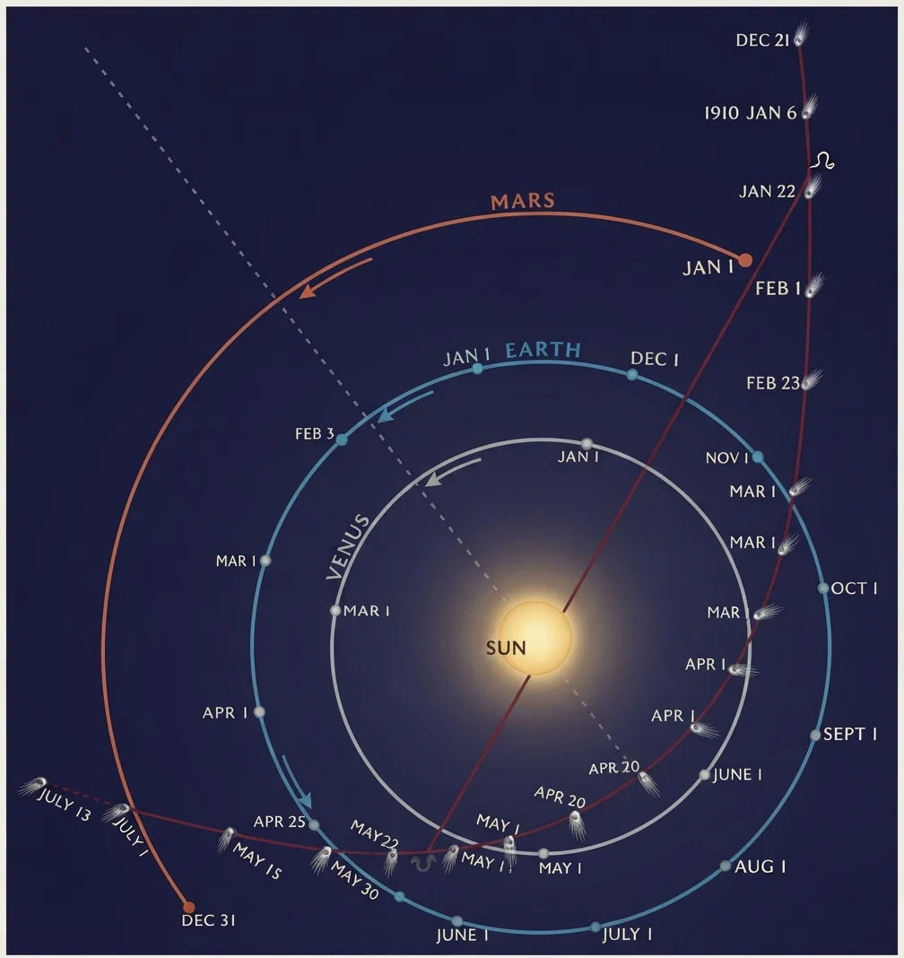 The path of Halley's Comet in its present visit through the solar system, from "Review of Reviews."