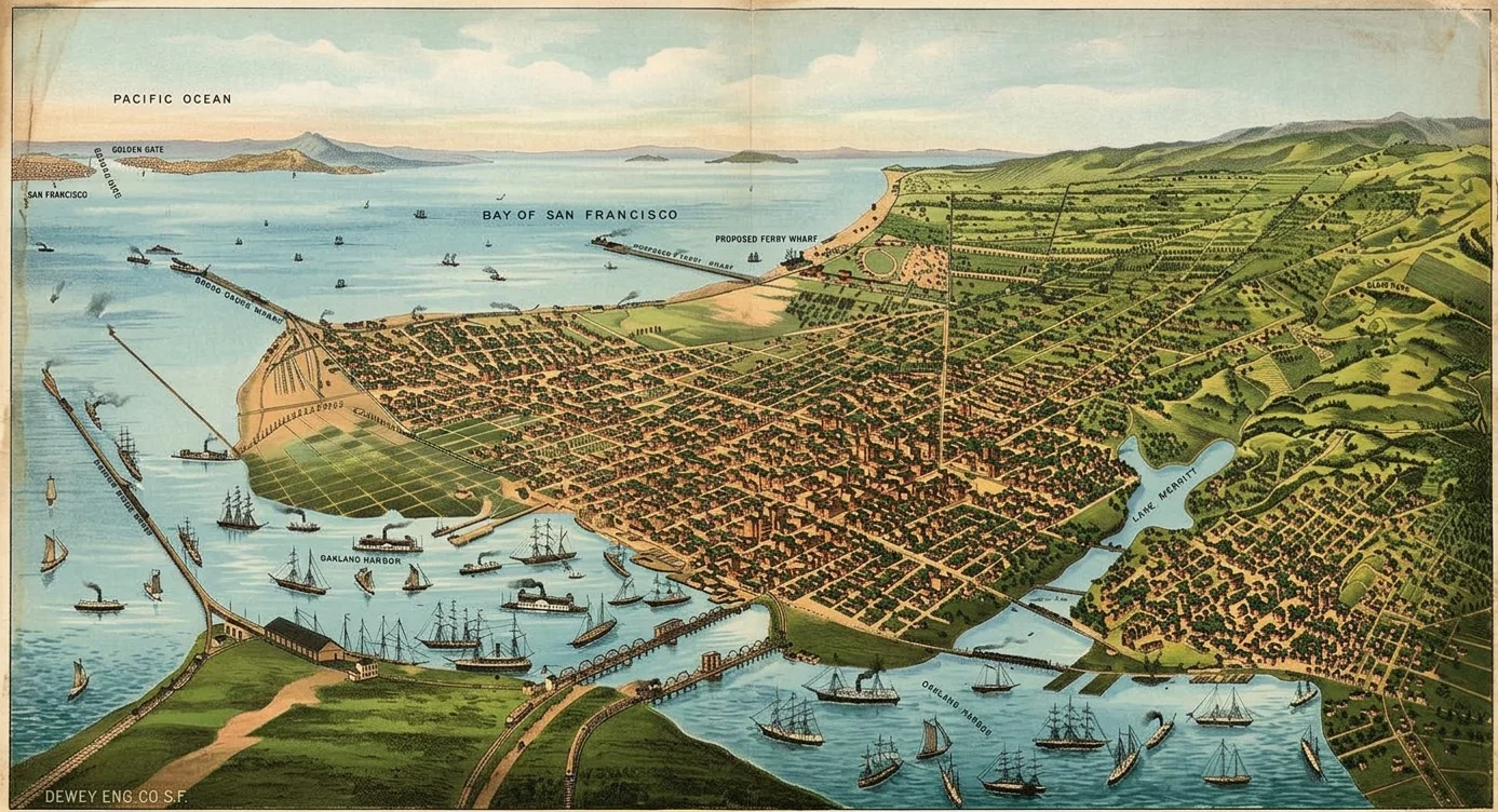 CALIFORNIA SCENERY, No. 6.—The above bird's-eye view is an illustration of the home city of the “Signs of the Times.” On the left of the picture and west of the city is a corner of San Francisco, and the “Golden Gate,” leading out from the harbor to the broad Pacific Ocean. Oakland is much more thickly populated on the north and extends farther on the east than is shown by the illustration. The office of the “Signs of the Times” is situate at a point one and seven-eighths inches from the bottom of the picture and three and nine-sixteenths from the right.