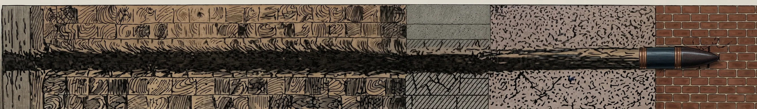 Actual penetration of a trial shot from a 16¼ inch gun. The missile passed through 20 inches compound plate, 8 inches wrought iron, 20 feet oak timbers, 5 feet granite, 11 feet concrete, and 6 feet brick.—Heralds of the Morning.