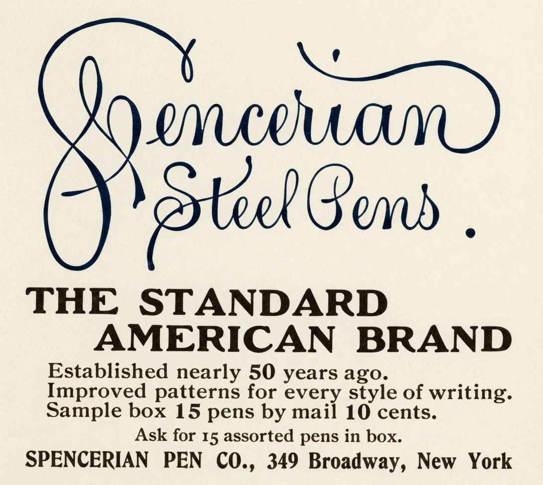 Spencerian Steel Pens. THE STANDARD AMERICAN BRAND. Established nearly 50 years ago. Improved patterns for every style of writing. Sample box 15 pens by mail 10 cents. Ask for 15 assorted pens in box. SPENCERIAN PEN CO., 349 Broadway, New York