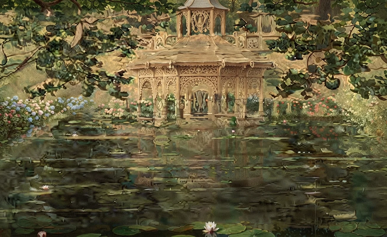 The lily pond and the reflection of the summer house.