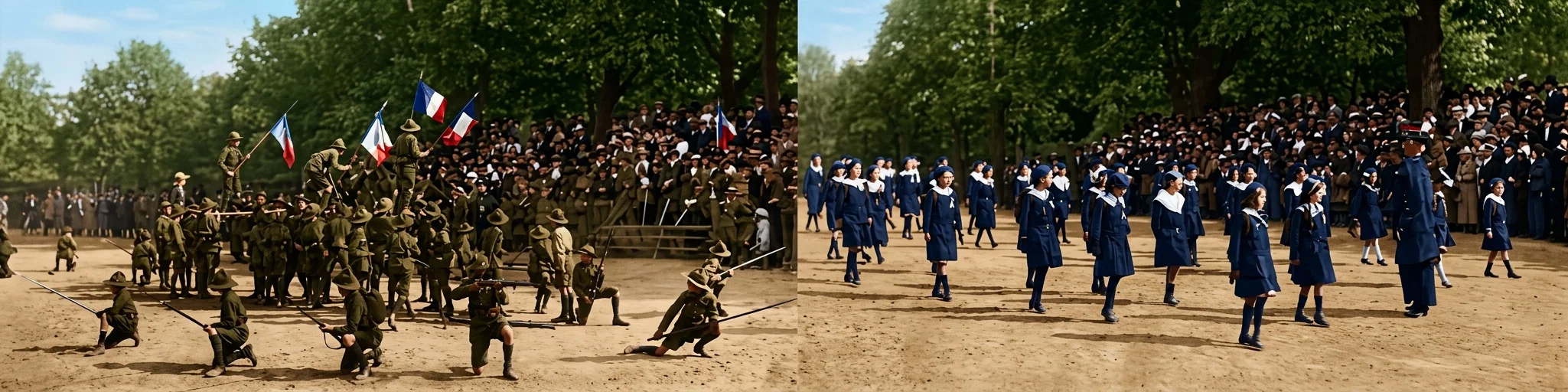 FRENCH CHILDREN RECEIVING MILITARY TRAINING UNDER SUPER-VISION OF ARMY OFFICERS
“FRENCH GIRLS RECEIVING TRAINING FOR DUTIES THEY MAY BE CALLED UPON TO PERFORM”