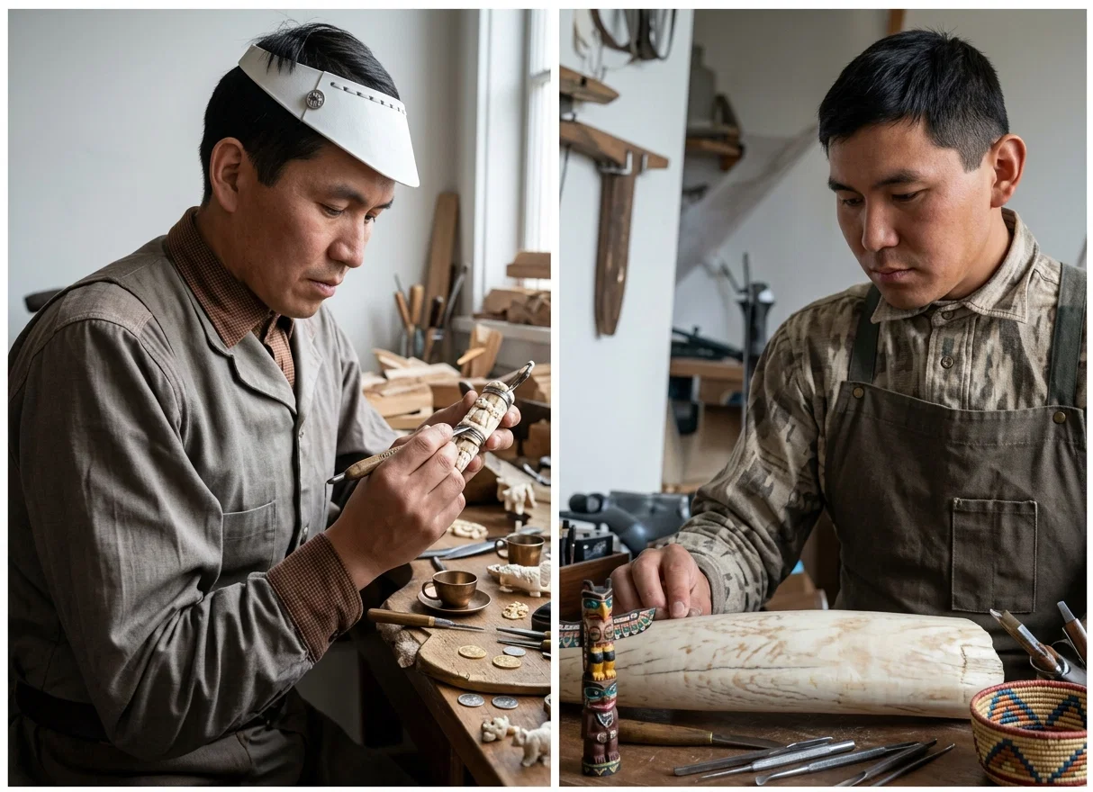 Native Jewelers of Alaska Carving on Metal and Ivory.