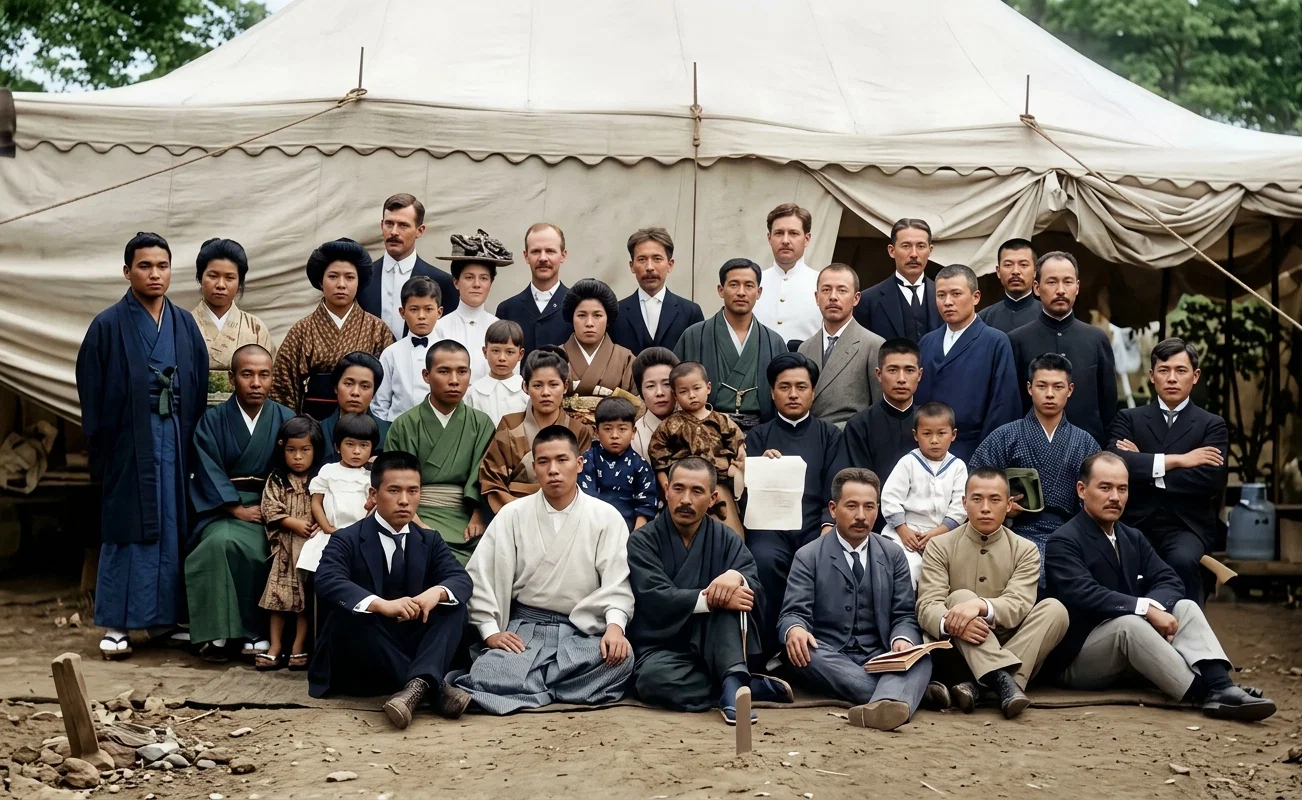 TENT-MEETING IN JAPAN; CONDUCTED BY ELDERS W. D. BURDEN AND H. KUNITA, STANDING IN CENTER OF BACK ROW