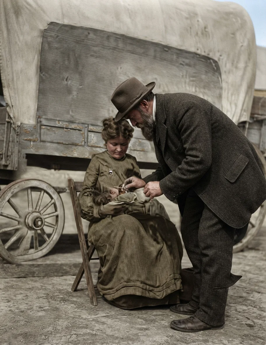 MEDICAL MISSIONARY TREATING A BABY IN KAFIRLAND, SOUTH AFRICA