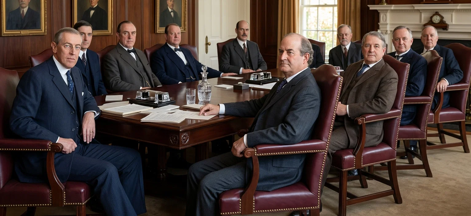 President Wilson and his cabinet. From left to right around the back of the table: President Wilson; William G. McAdoo, secretary of the treasury; James C. McReynolds, attorney-general; Josephus Daniels, secretary of the navy; David F. Houston, secretary of agriculture; William B. Wilson, secretary of labor; William C. Redfield, secretary of commerce; Franklin K. Lane, secretary of the interior; Albert S. Burleson, postmaster-general; Lindley M. Garrison, secretary of war; William J. Bryan, secretary of state.