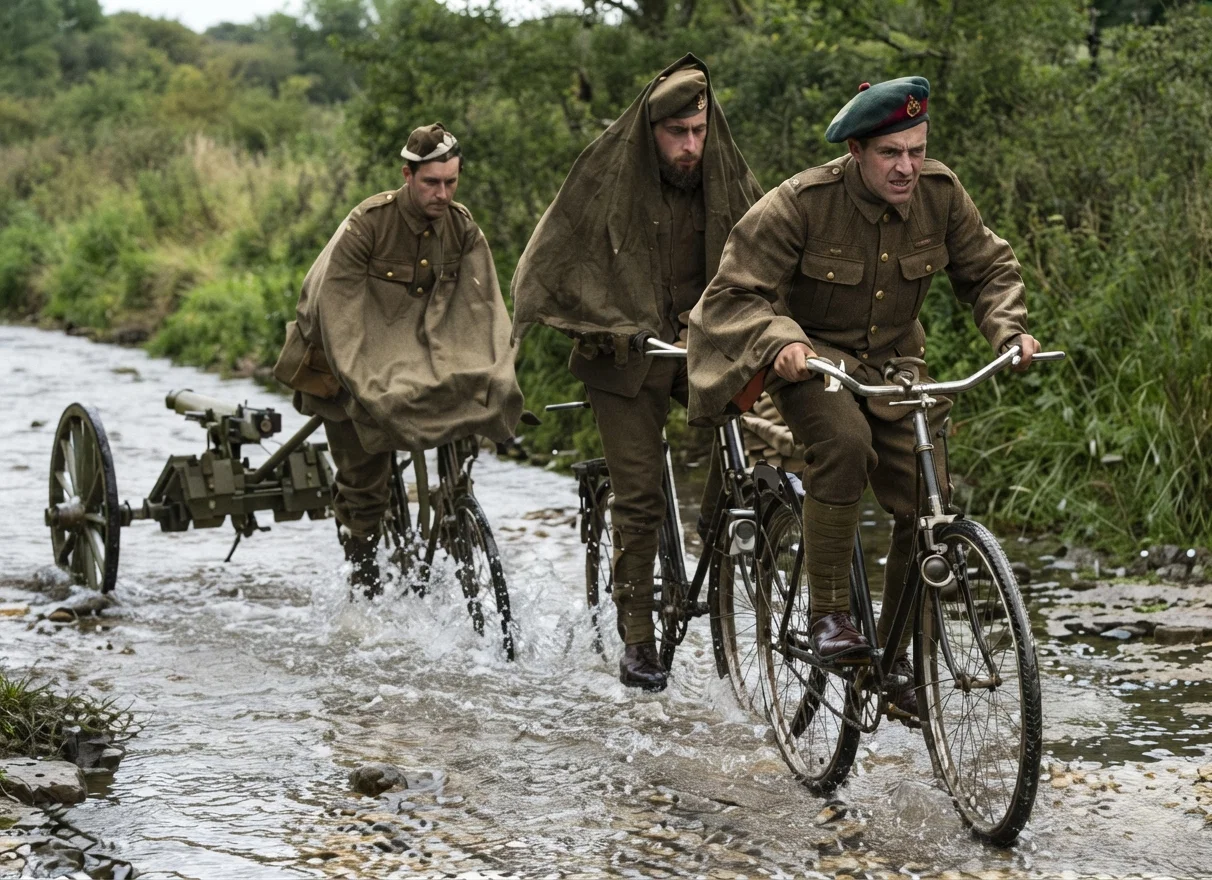 Underwood & Underwood, N. Y. BRITISH BICYCLE CORPS, WITH ITS COLT GUN, FORDING A STREAM