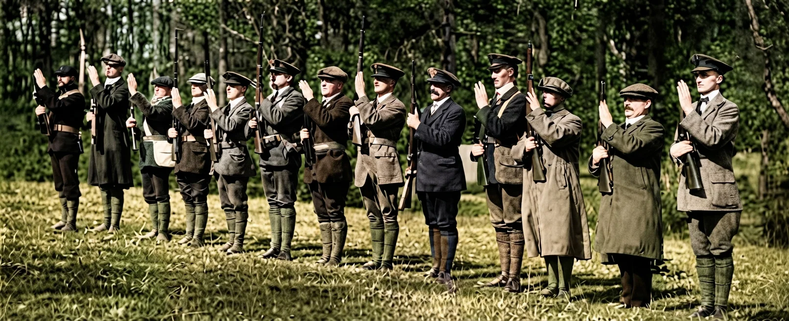 Photograph by Paul Thompson. CAMP OF VOLUNTEERS ORGANIZED UNDER THE DIRECTION OF SIR EDWARD CARSON. OBSERVE THAT THE MEN ARE DRILLING WITH REAL GUNS.
