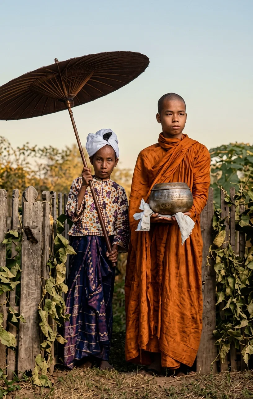 A bhogya, or Buddhist priest, begging for food — his only means of livelihood
