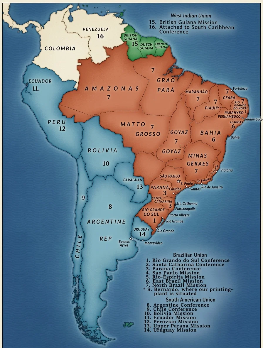 West Indian Union
15. British Guiana Mission
16. Attached to South Caribbean
Conference

Brazilian Union
1. Rio Grande do Sul Conference
2. Santa Catharina Conference
3. Parana Conference
4. Sao Paulo Mission
5. Rio-Espirito Mission
6. East Brazil Mission
7. North Brazil Mission
* S. Bernardo, where our printing-
plant is situated

South American Union
8. Argentine Conference
9. Chile Conference
10. Bolivia Mission
11. Ecuador Mission
12. Peruvian Mission
13. Upper Parana Mission
14. Uruguay Mission