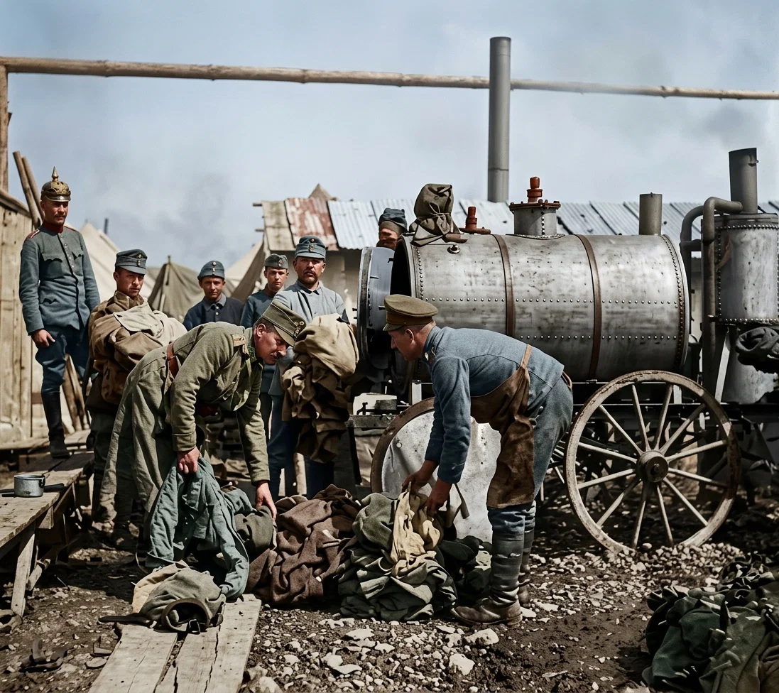 © Underwood & Underwood, N. Y.
SANITARY CORPS, AUSTRO-GERMAN ARMY
The picture shows the disinfecting of clothing in order to avoid cholera and other infectious and contagious diseases.