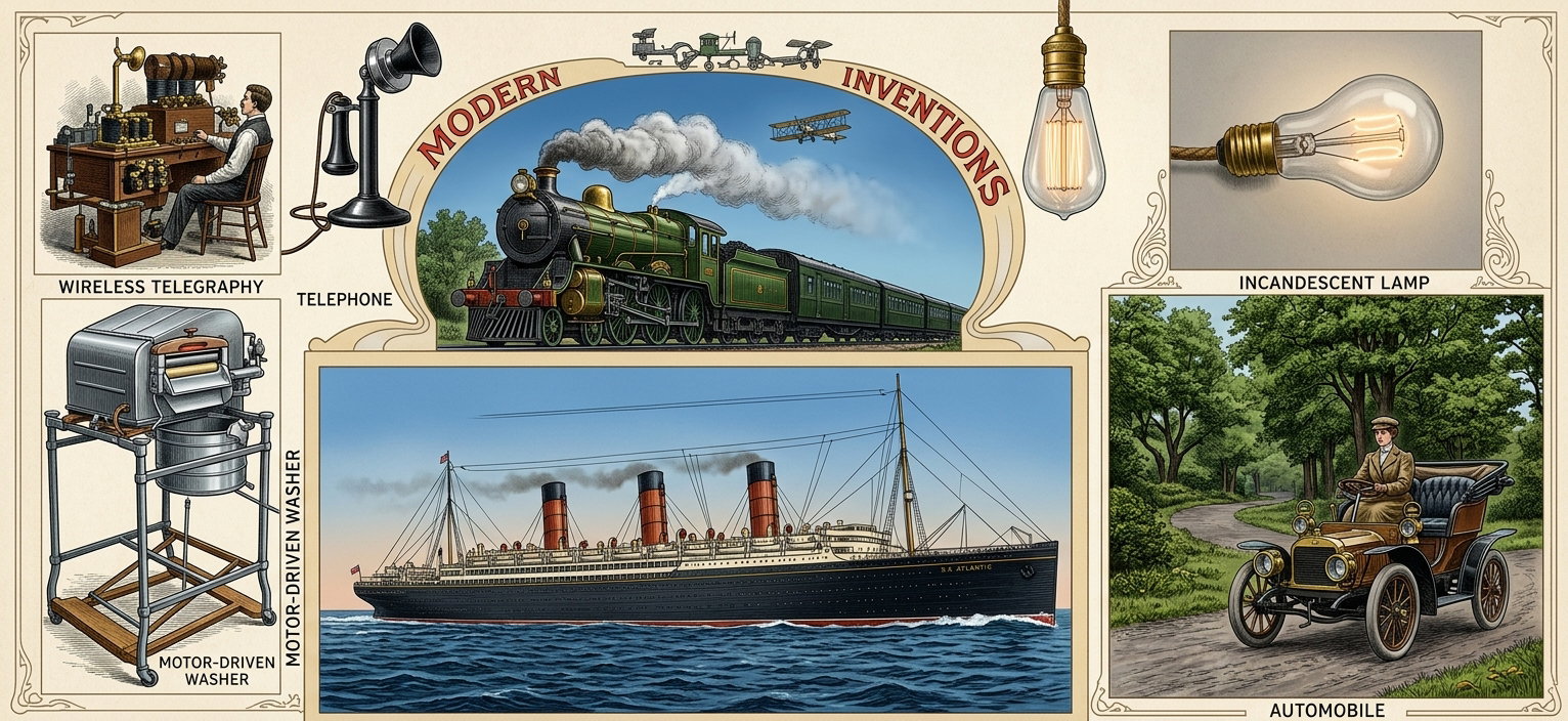 Collage of modern inventions including a locomotive, steamship, telephone, light bulb and automobile