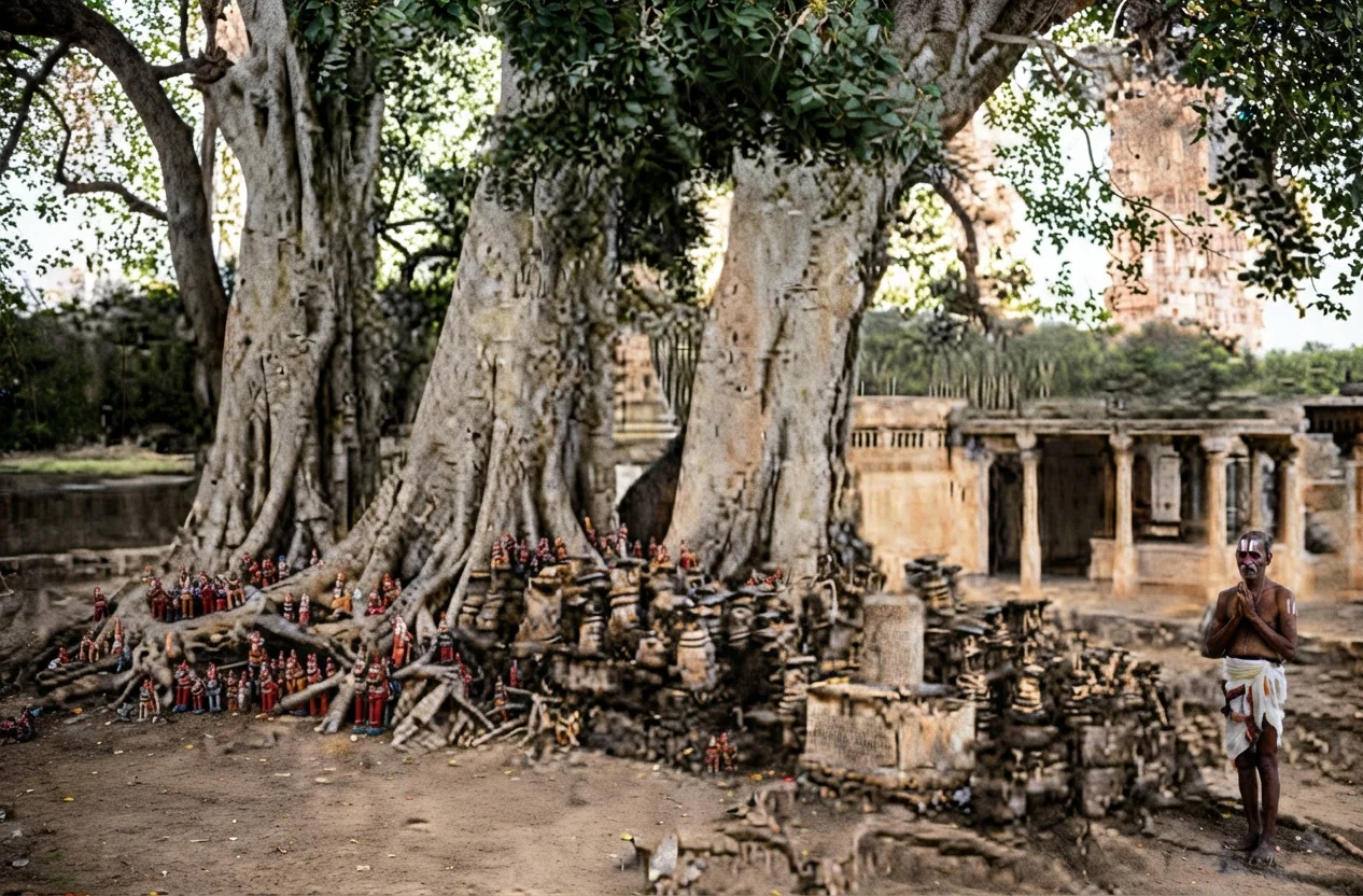 A Sacred Tree Under Which Are Placed Votive Offerings of Pottery Horses