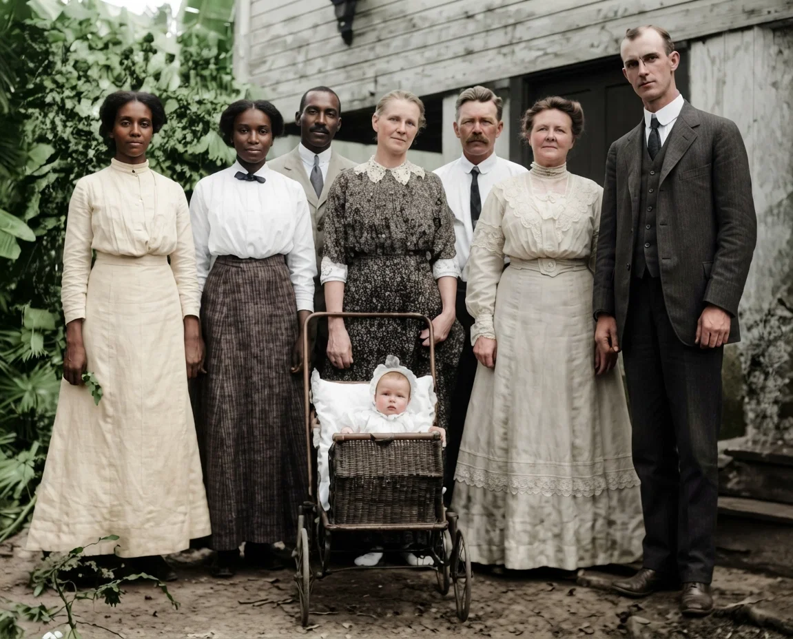 ALL OUR WORKERS IN BRITISH GUIANA EXCEPT ONE
From left: Ella Burrows, Mrs. J. E. Wilson, A. E. Riley, Mrs. Boynton, C. E. Boynton,
Mrs. Boger, E. C. Boger.