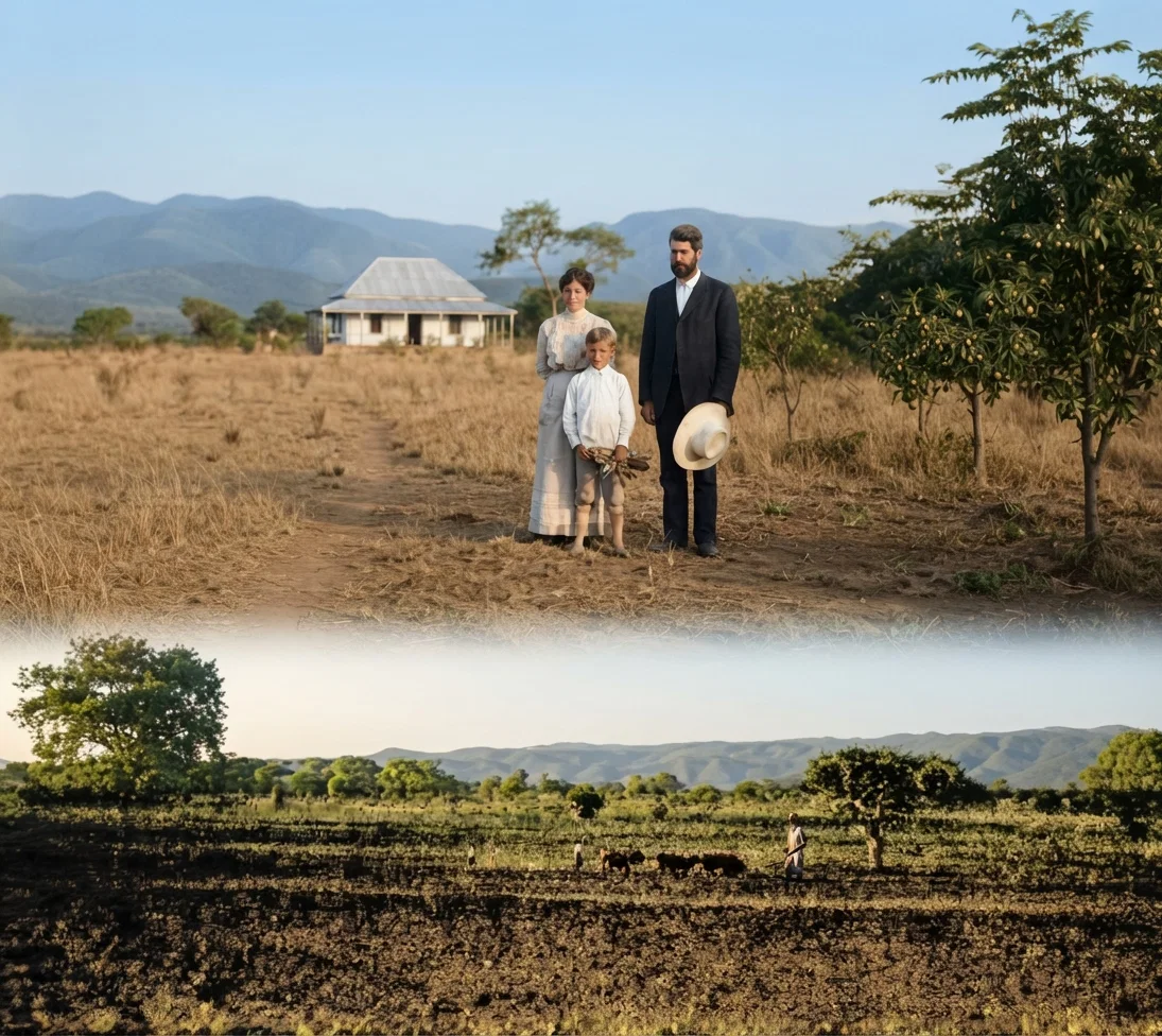 Upper — View at Tsungwesi Mission. Young fruit trees at right; Brother Sturdevant's house in background; F. B. Jewell and family in foreground. Lower — Preparing ground for mealies (corn).